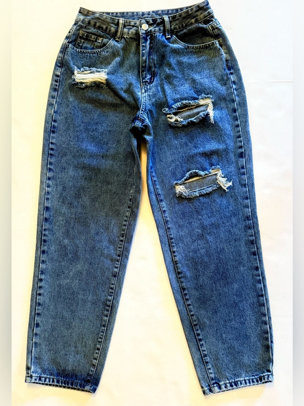 SHEIN Womens Distressed Mom Jeans Tag Sz 30 High Rise Tapered Blue Denim Ripped